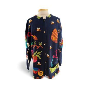 Christine Foley 90s Colorful Gardening Bumblebee Buttons Sweater, Sz 3, Rare!